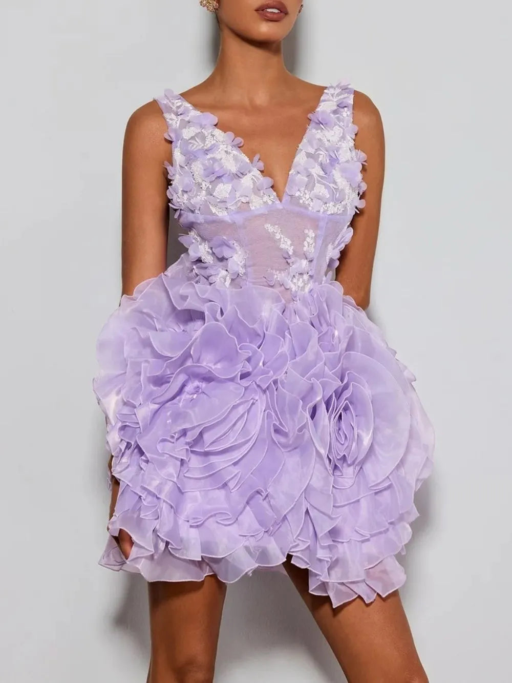 Ervin Purple V Neck Flower Mini Dress Flowering Girl