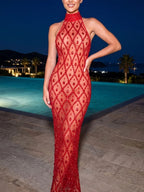 Crystal Sequin Mesh Maxi Dress Red Flowering Girl