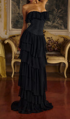 Angelie Black Ruffle Corset Maxi Dress Flowering Girl