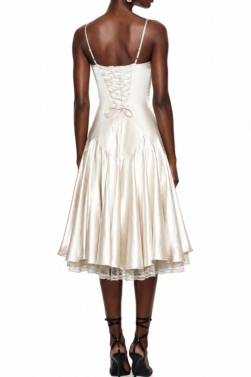 Ivory Spaghetti Strap Satin Lace Underlayer Hem Midi Slip Dress Flowering Girl