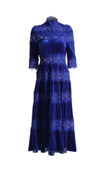 Hollow Patchwork Velvet Dress In Blue Flowering Girl