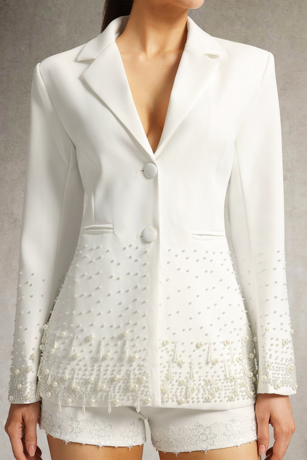 Mirabelle Long Sleeve Pearl Blazer In White Flowering Girl