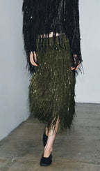 Kalama Green Beaded Tassel Midi Skirt Flowering Girl