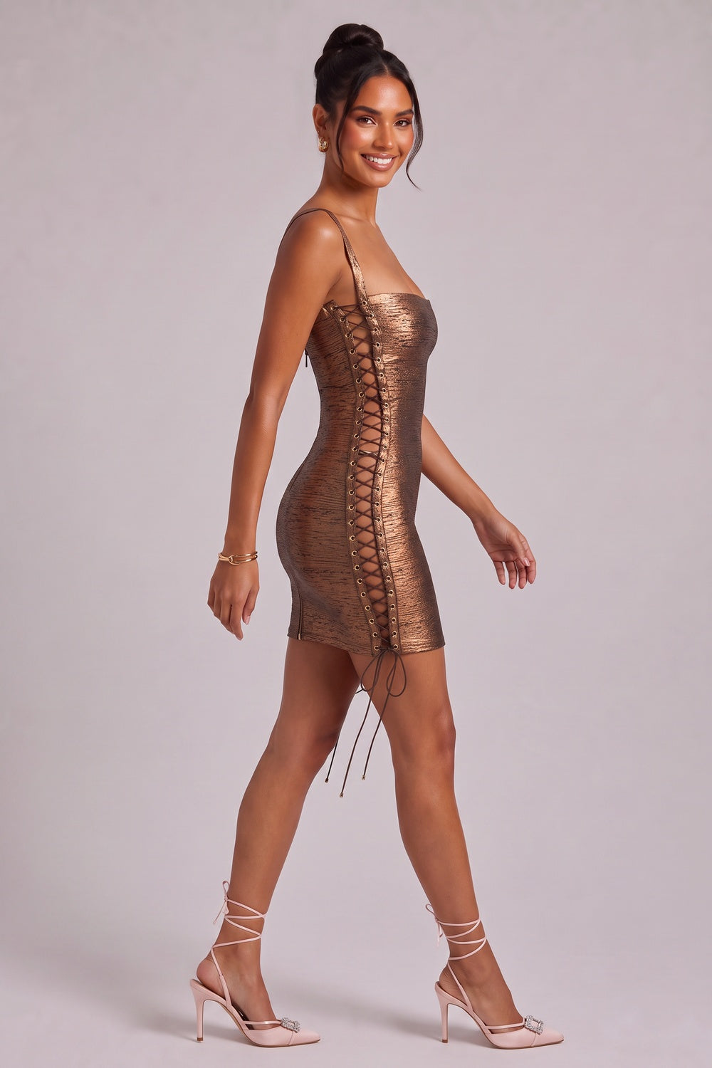 Metallic Bronze Lace-Up Mini Dress Flowering Girl