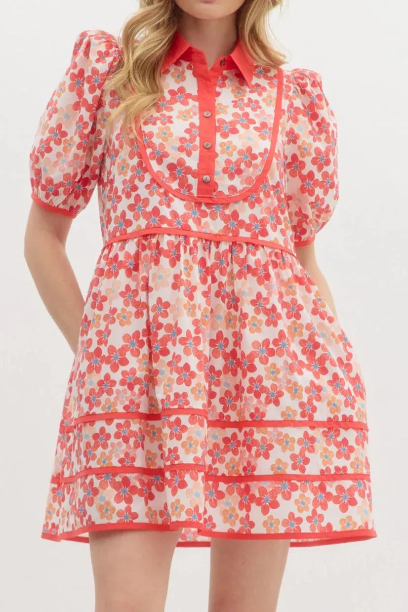 Floral Print Collared Mini Dress Flowering Girl
