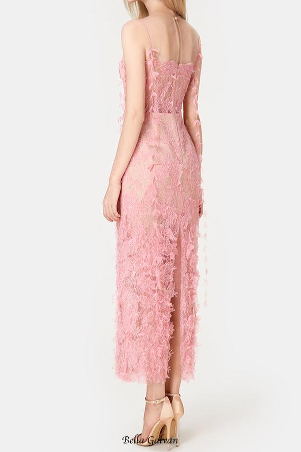 PINK BEADED LACE PENCIL MIDI DRESS Flowering Girl
