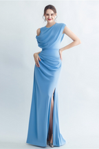 Casi Side-Slit Draped Jersey Gown In Blue Flowering Girl