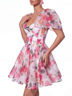 Fern Cape Sleeve Floral Organza Mini Dress Flowering Girl