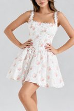 Hedy Elastic Printed Tie-Waist Mini Dress——Pink Flowering Girl