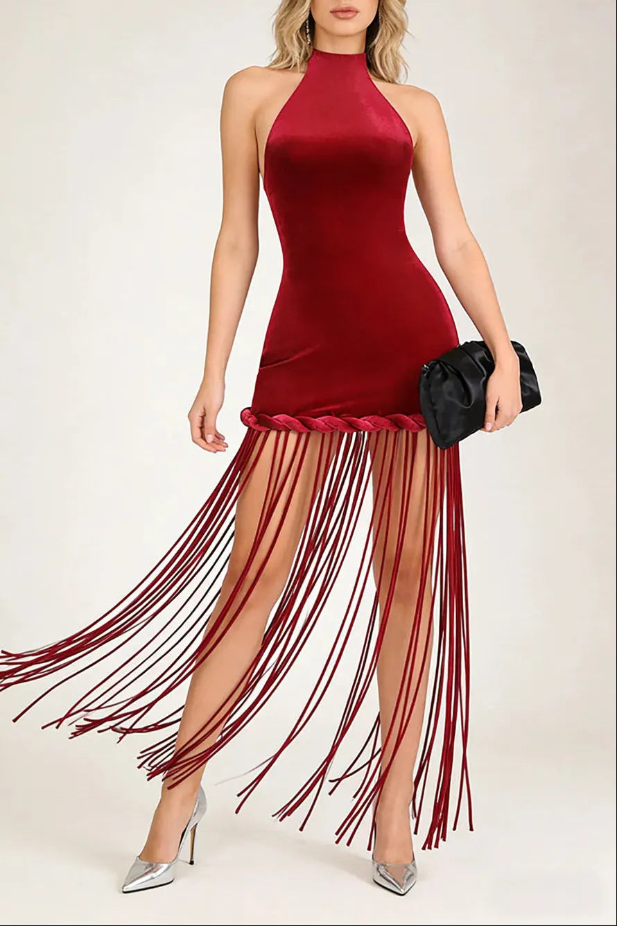 Michaelia Halterneck Fringe Velvet Dress In Burgundy Flowering Girl