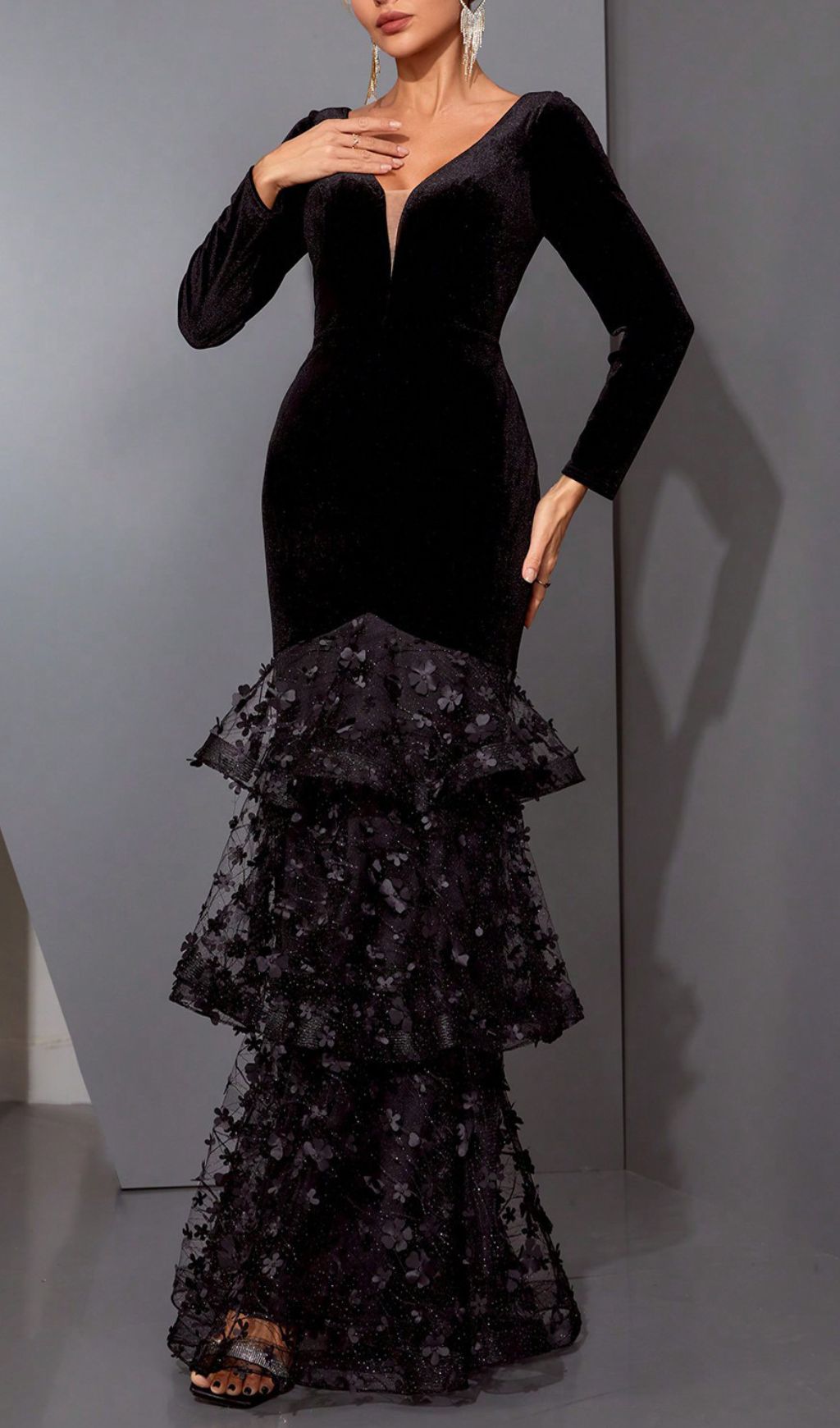 Hermine Black Long Sleeve Mesh Maxi Dress Flowering Girl