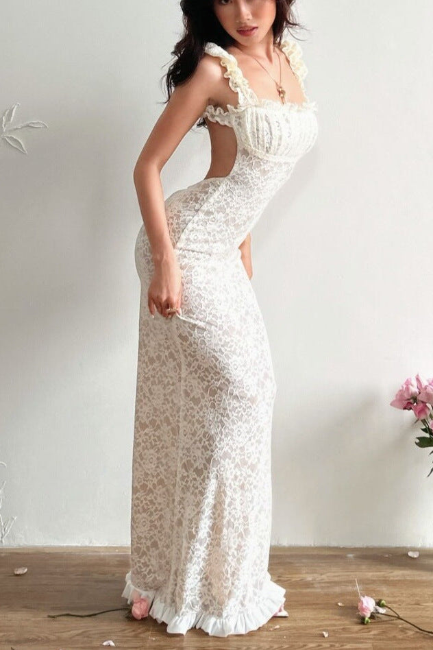 Georgia Lace Bodycon Slip Maxi Dress In White Flowering Girl