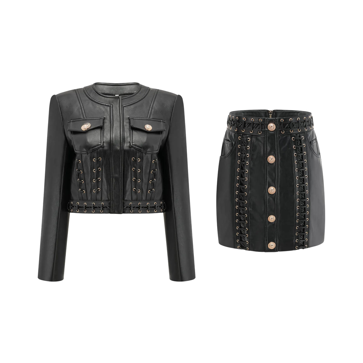 Daphné Eyelet-Embellished Leather Jacket & Skirt Matching Set Flowering Girl