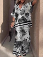 Casual V-Neck Printed Short-Sleeved Top And Wide-Leg Pants Set Flowering Girl
