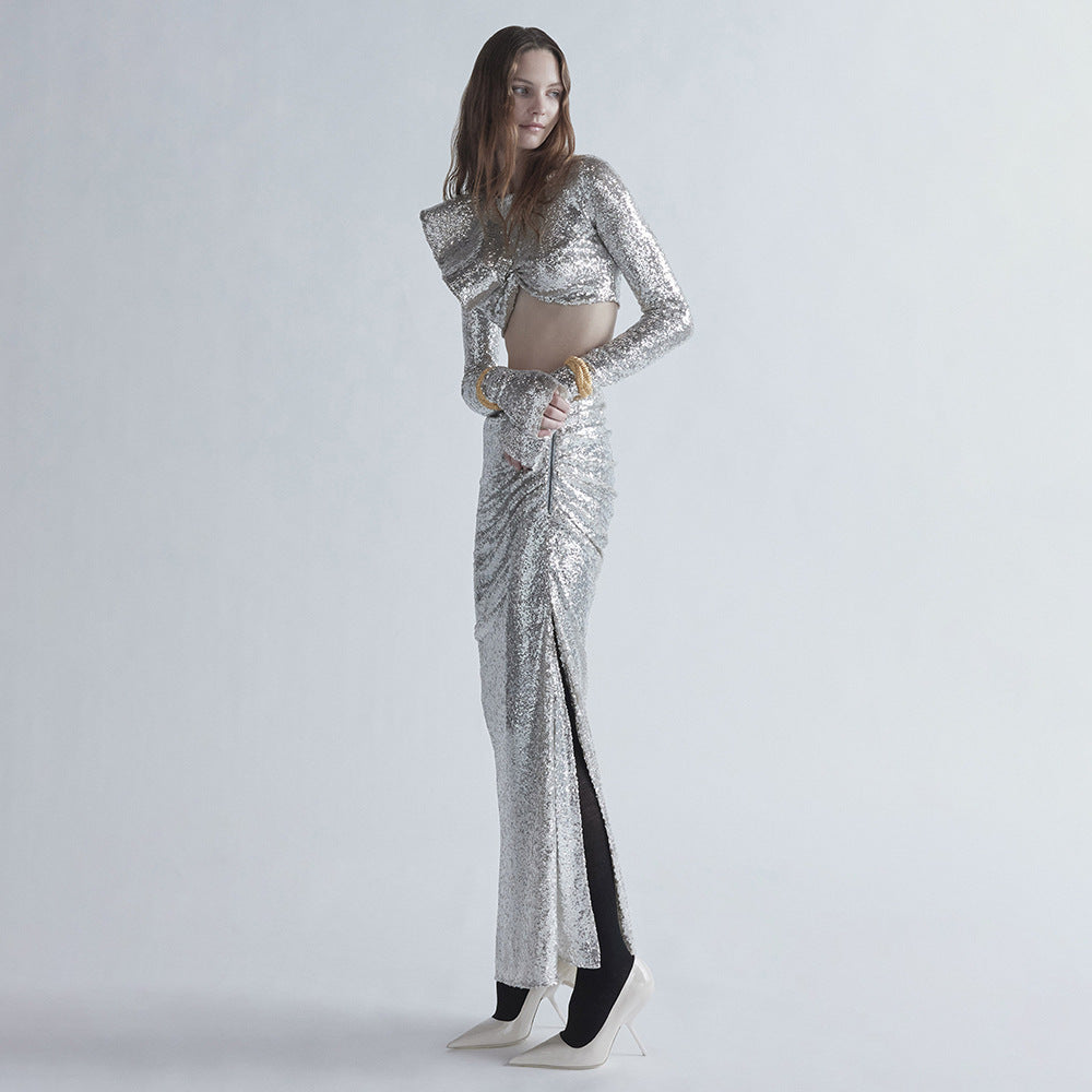 Crop Top Drape Skirt Set In Silver Flowering Girl