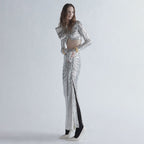 Crop Top Drape Skirt Set In Silver Flowering Girl