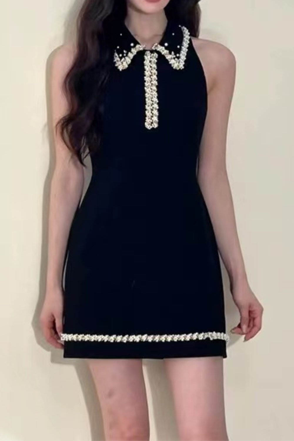 pearl embellished gold chain splice mini dress in black Flowering Girl