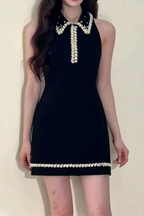 pearl embellished gold chain splice mini dress in black Flowering Girl