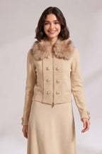 Beige Fine Knit Wool Or Cashmere Blend Fitted, Cropped Knit Cardigan Jacket Flowering Girl