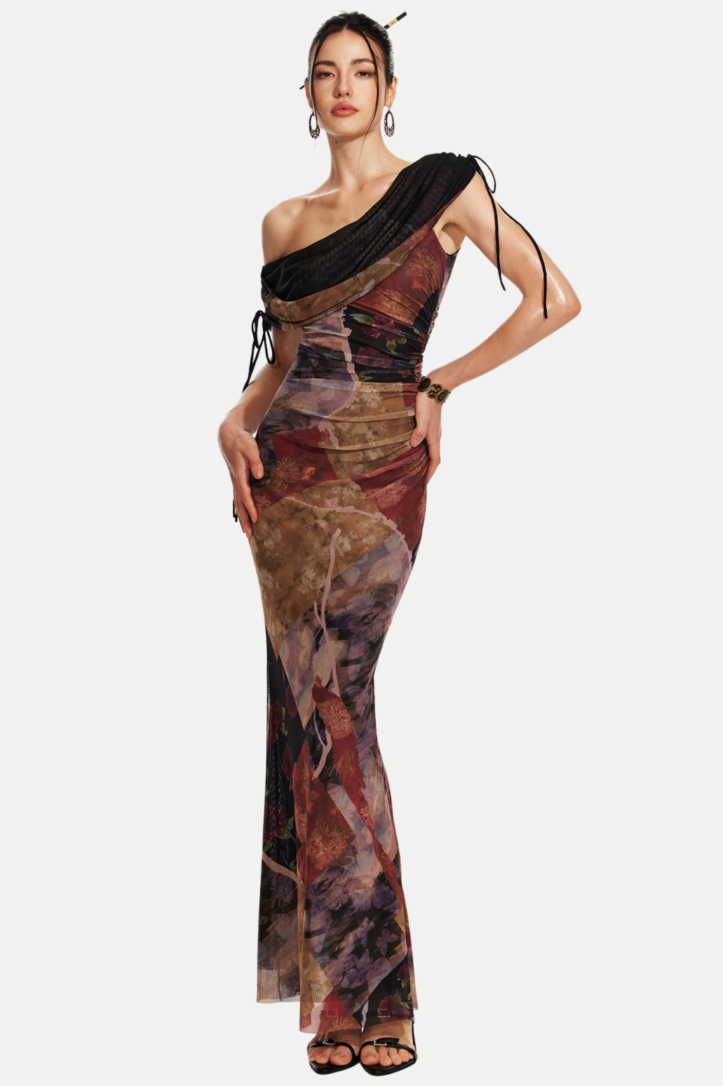 Rosala Print Mesh Off Shoulder Maxi Dress Flowering Girl