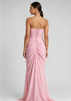 Pastel Pink Lightweight woven crepe or chiffon Column with asymmetric side drape Evening Gown Flowering Girl