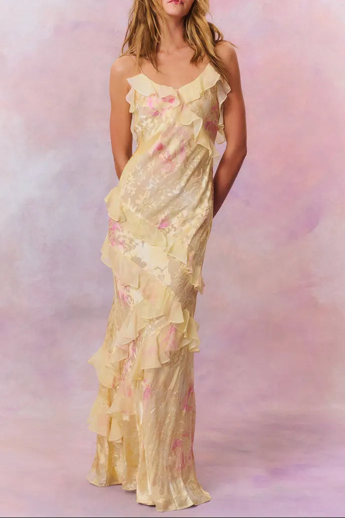 Wendy Ruffle Trim Floral Chiffon Maxi Dress In Yellow Flowering Girl
