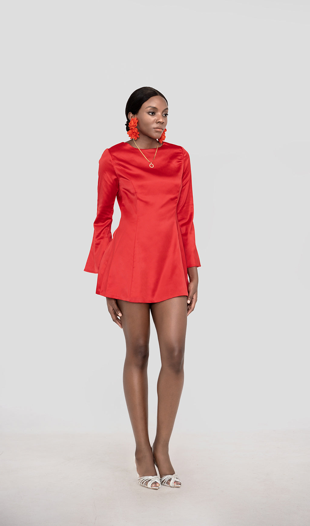 RANDA RED SATIN LONG SLEEVE MINI DRESS Flowering Girl