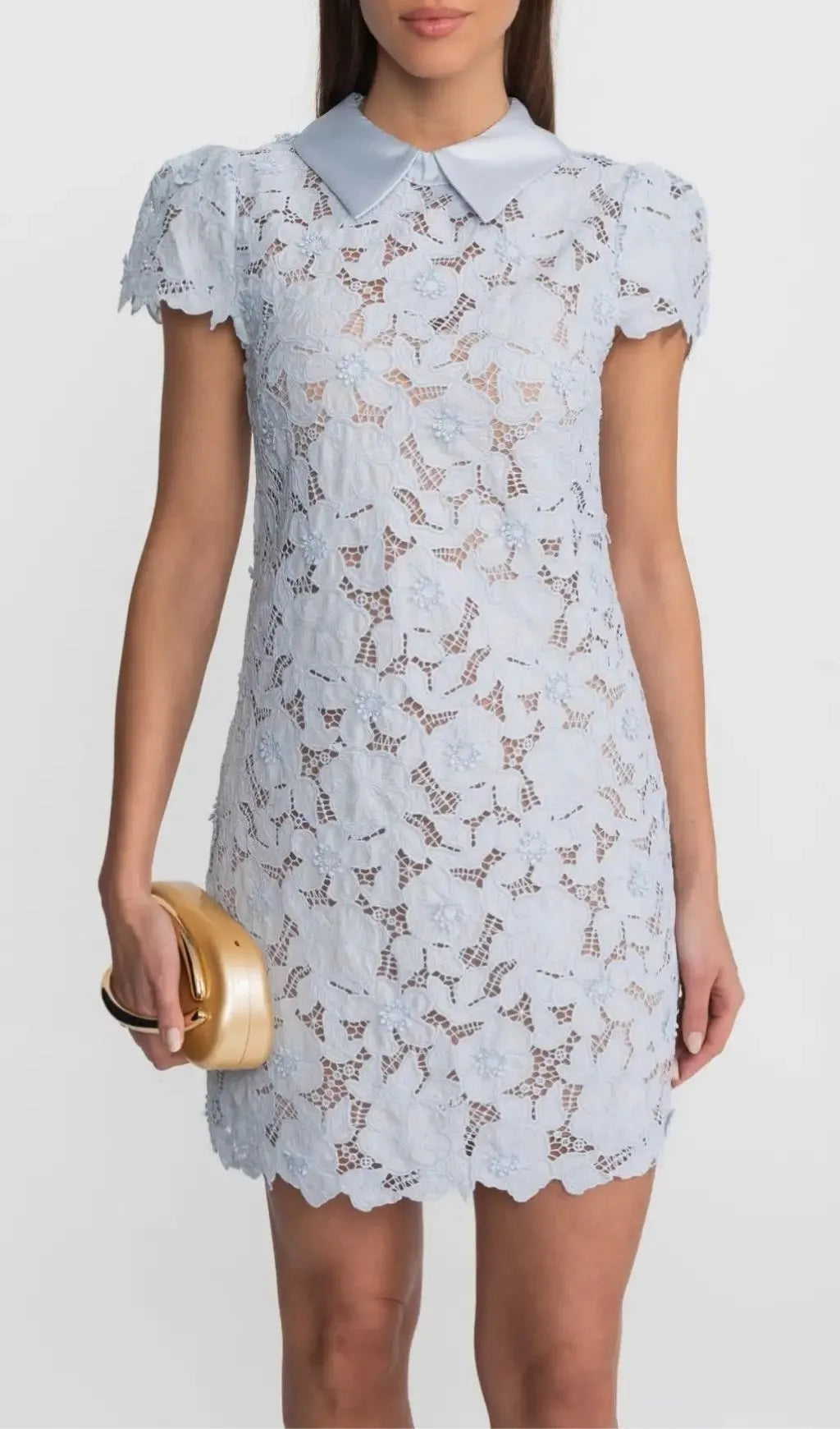 Sylvia Light Blue Floral Lace Hollow Mini Dress With Satin Collar Flowering Girl