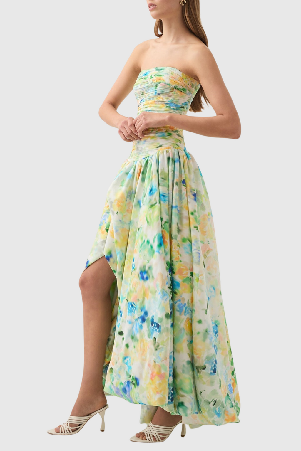 Coleka Floral Print Strapless Ruched Maxi Dress - Green Flowering Girl