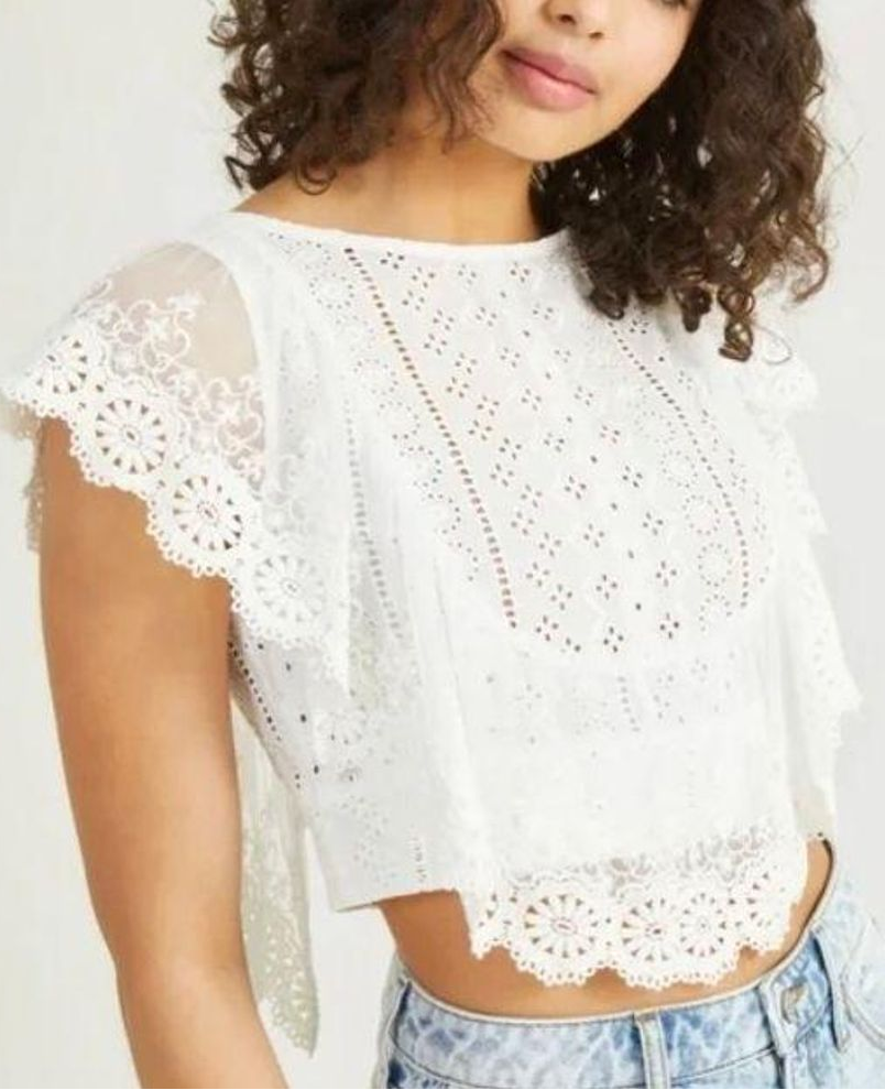 White Eyelet Lace Flutter Sleeve Blouse Flowering Girl