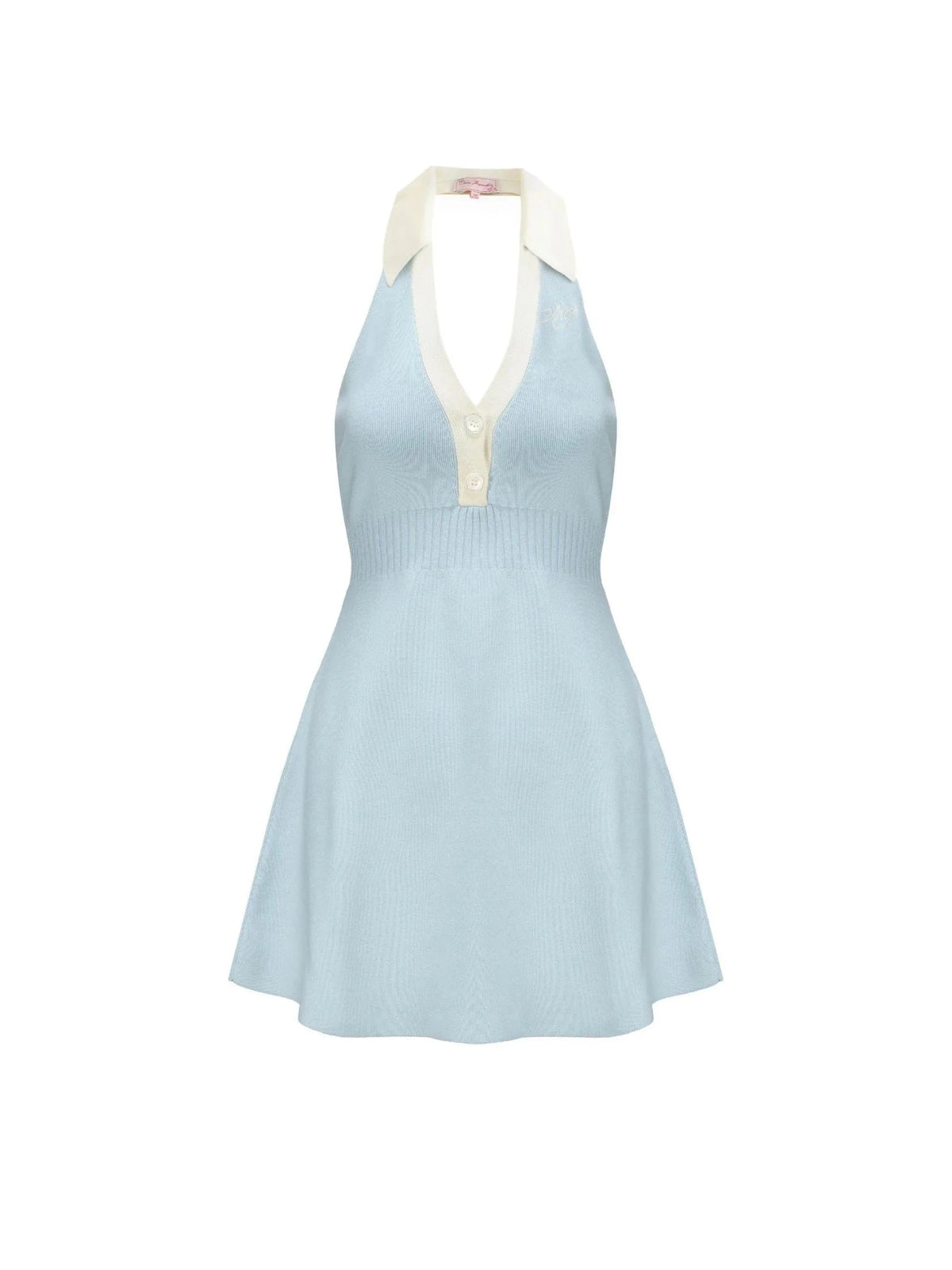 Halter Backless Knit Mini Dress In Blue Flowering Girl