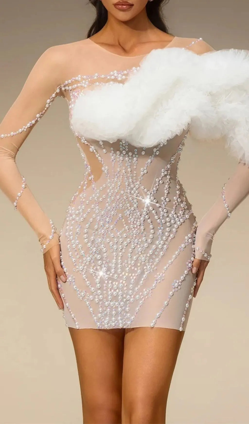 Torvex Long Sleeve Tulle Pearl Mini Dress Flowering Girl