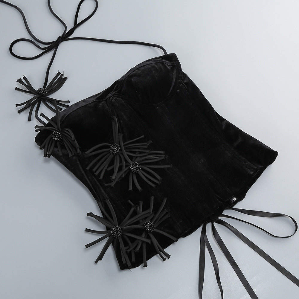 Velvet Corset Floral Mini Skirt Suit In Black Flowering Girl
