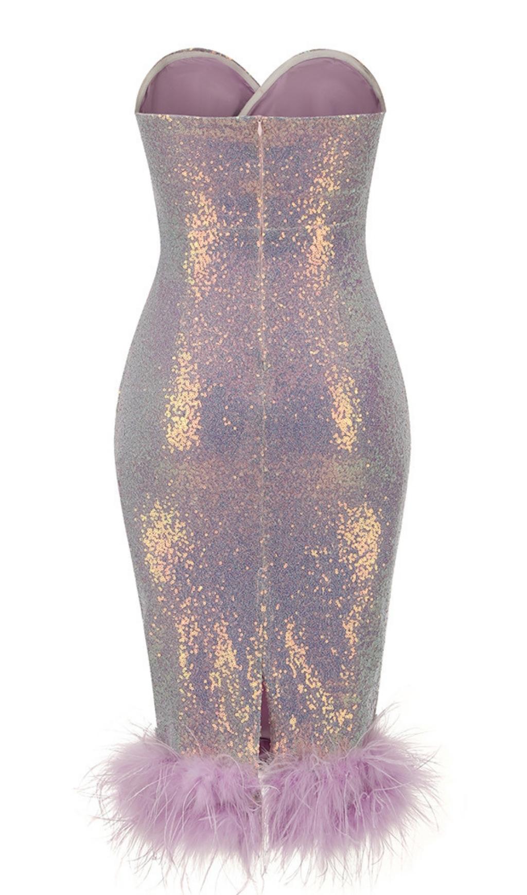 Feather Sequin Midi Dress In Purple Flowering Girl