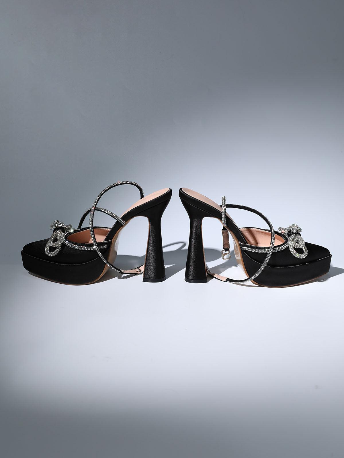Bow Crystal Satin Heels In Black Flowering Girl