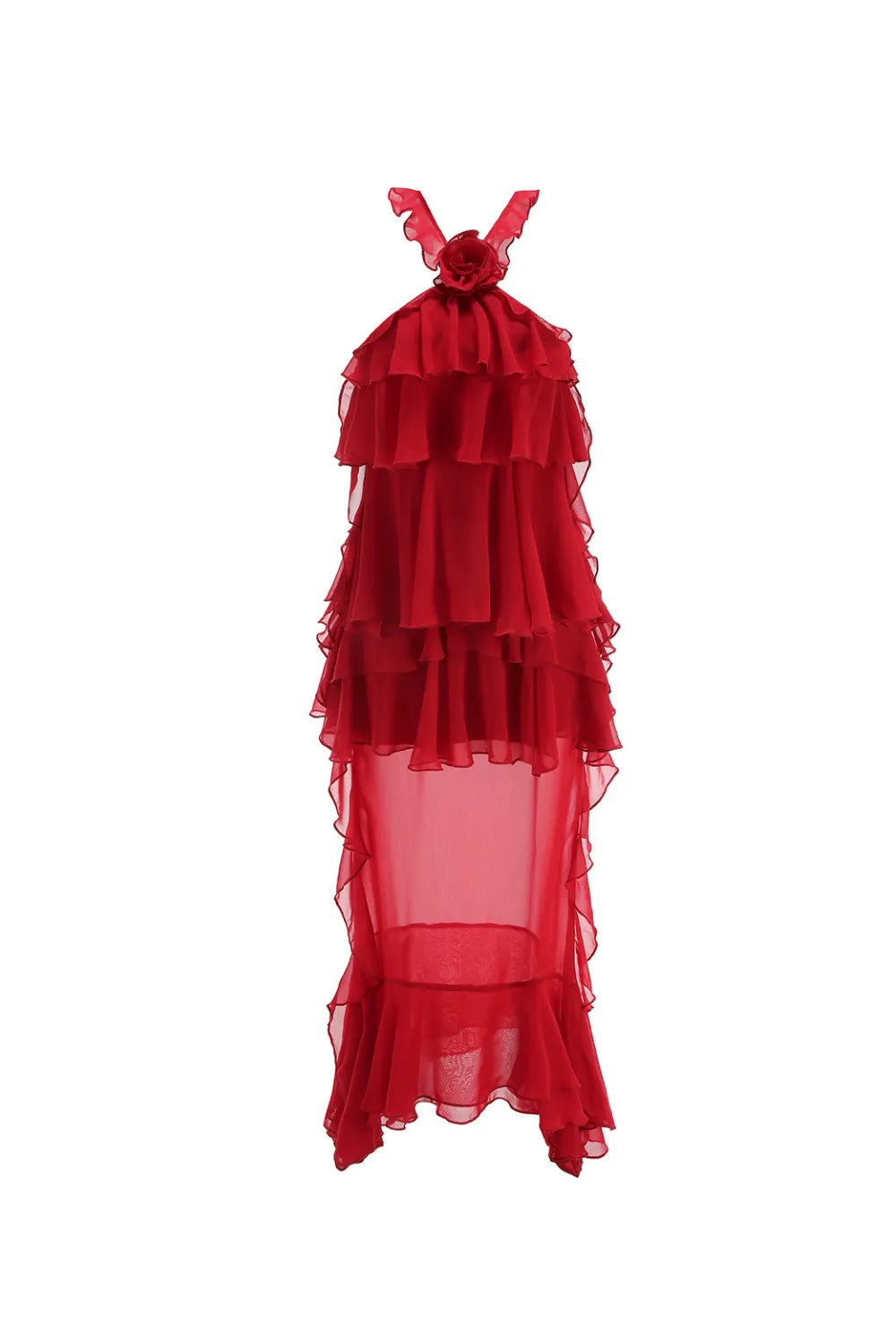 eunice Floral Halter Chiffon Ruffle Midi Dress in red Flowering Girl