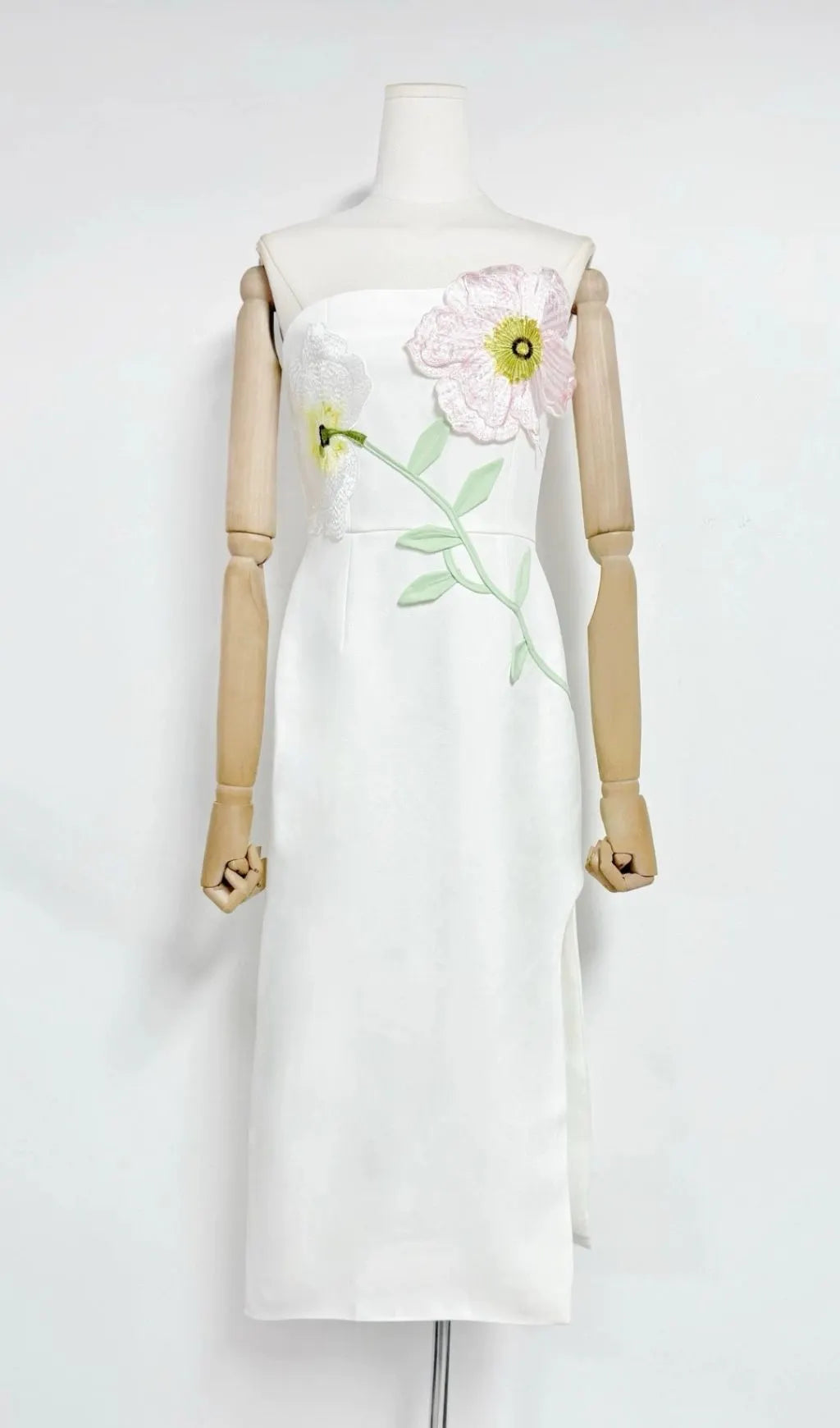 Kifle White Strapless Embroidery Flower Midi Dress Flowering Girl