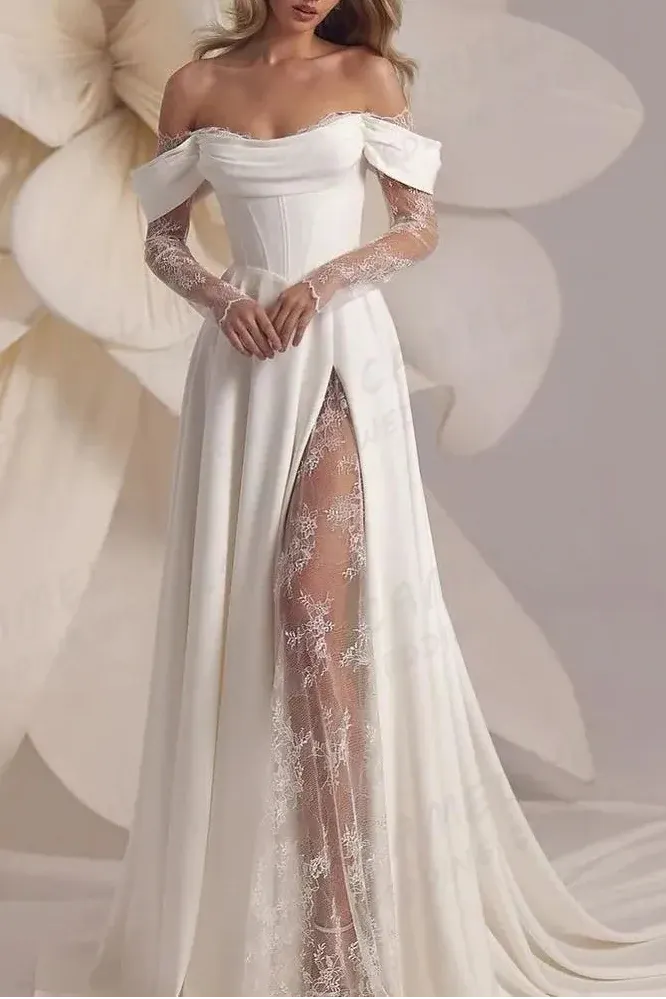 A Line Off Shoulder Split Satin Lace Appliques Bridal Gowns Flowering Girl