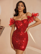 Victoria Red Ruffled Corset Bodycon Mini Dress Flowering Girl