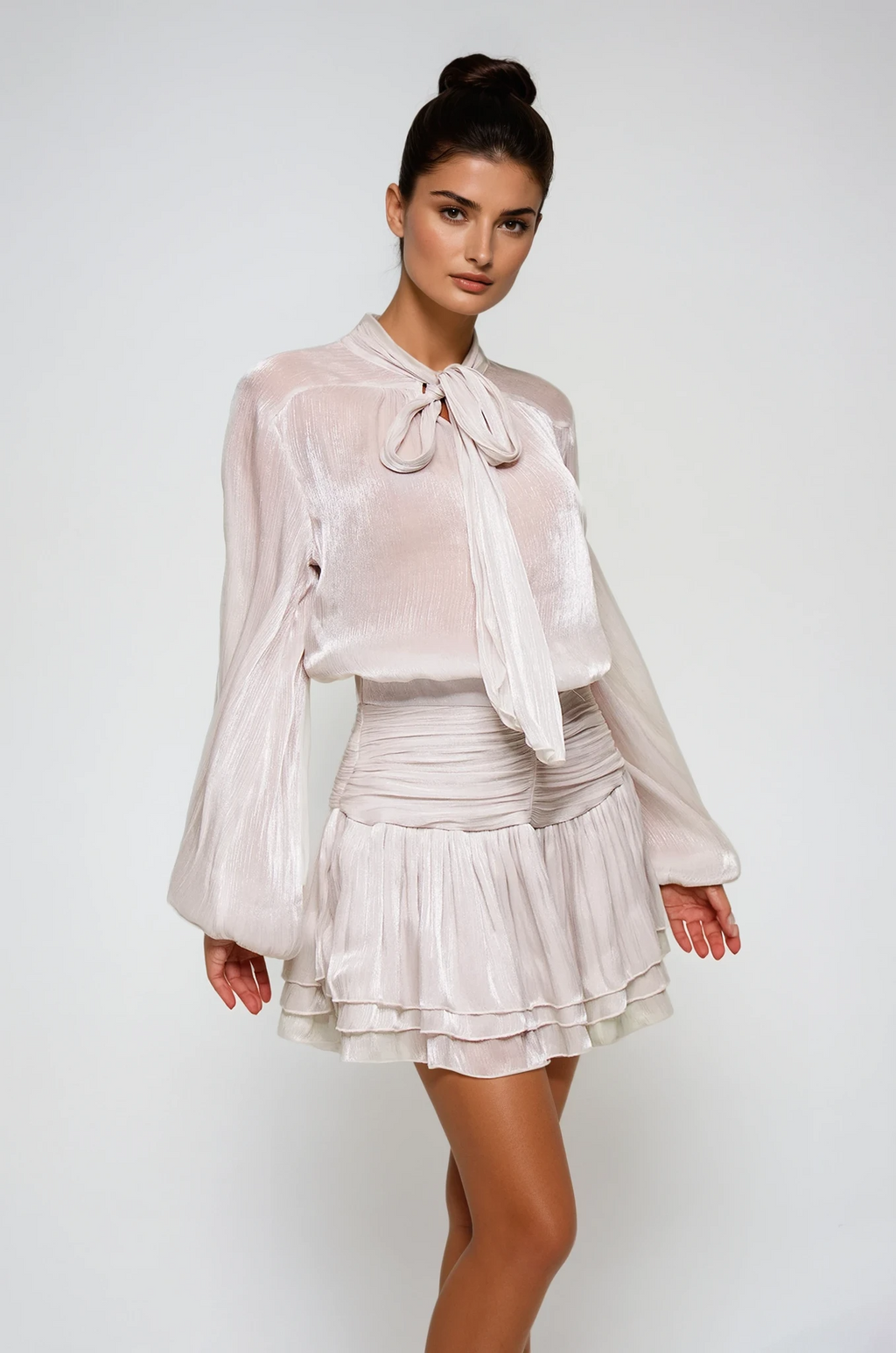 Bayleigh Lace Up Ruch Mesh Skirt Set In Sliver Flowering Girl