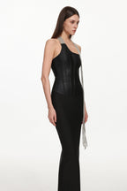 Fero One Shoulder Metal Fringe Bandage Maxi Dress Flowering Girl