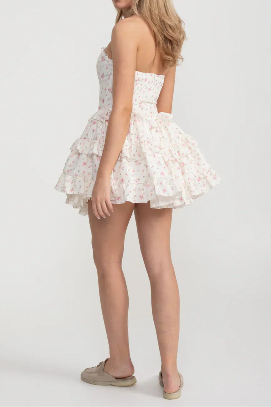 Martha Ruffle Printed Strapless Mini Dress In Pink Flowering Girl