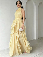 Yellow Chiffon A-Line Halter Maxi Dress Flowering Girl