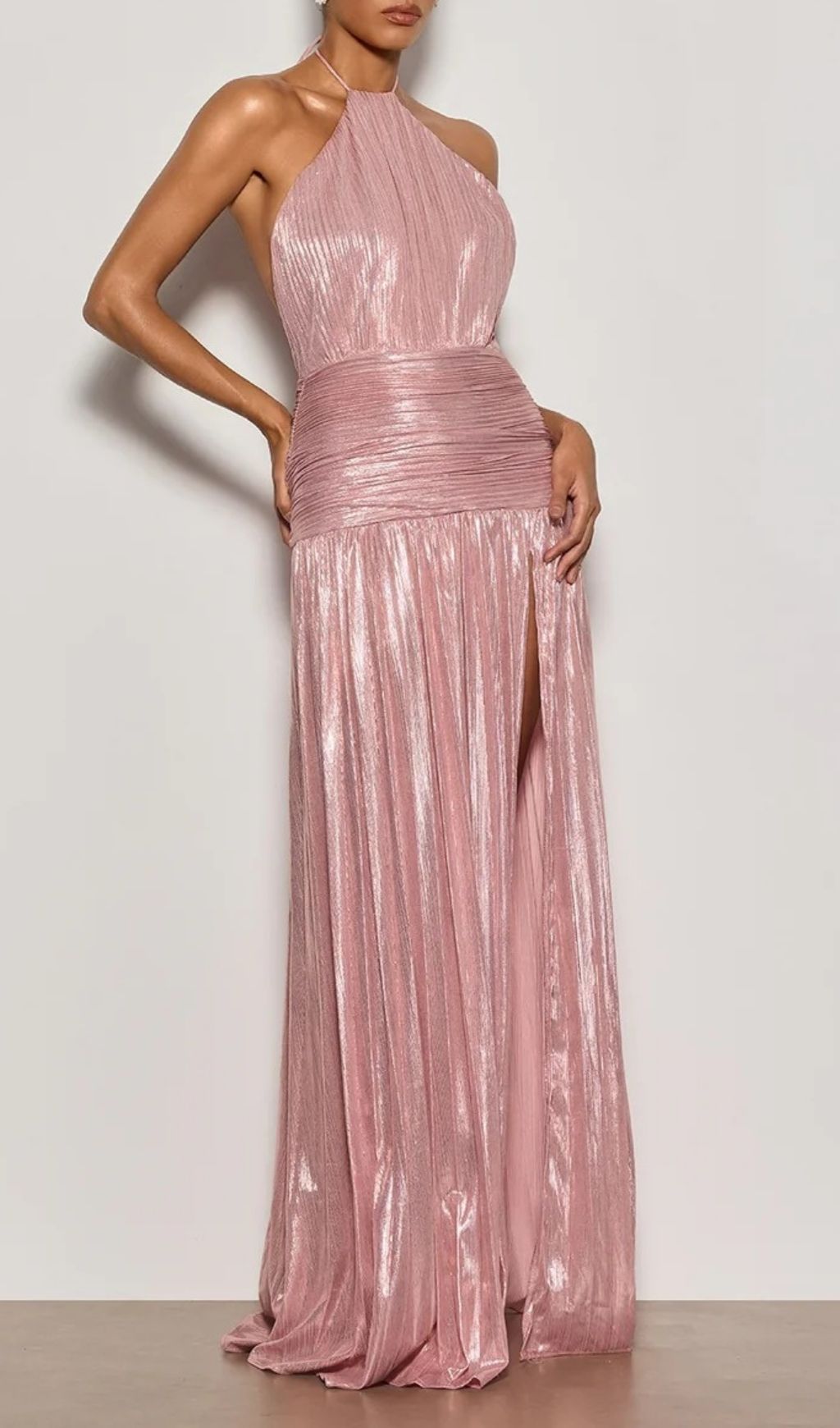 Syriona Halterneck Split Pleated Metallic Maxi Dress In Pink Flowering Girl