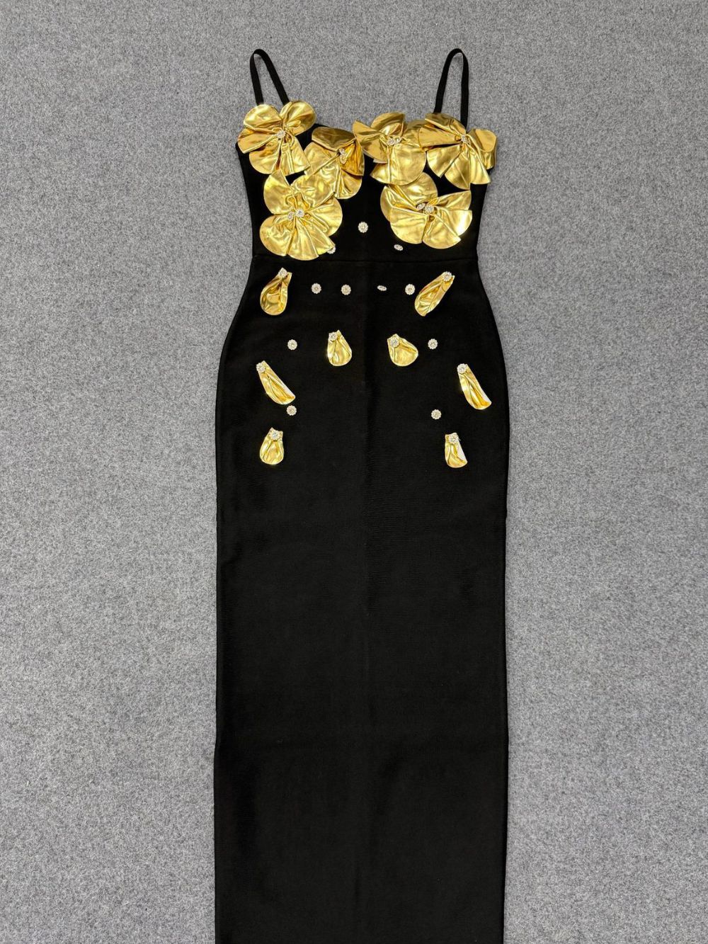 Black Heavy Crepe Column Dress with 3D Metallic Gold Flowers Flowering Girl