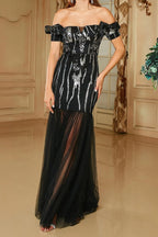Bodycon Off The Shoulder Long Prom Dress In Black Flowering Girl