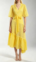 Klara Yellow Puff Sleeve Lace Midi Dress Flowering Girl