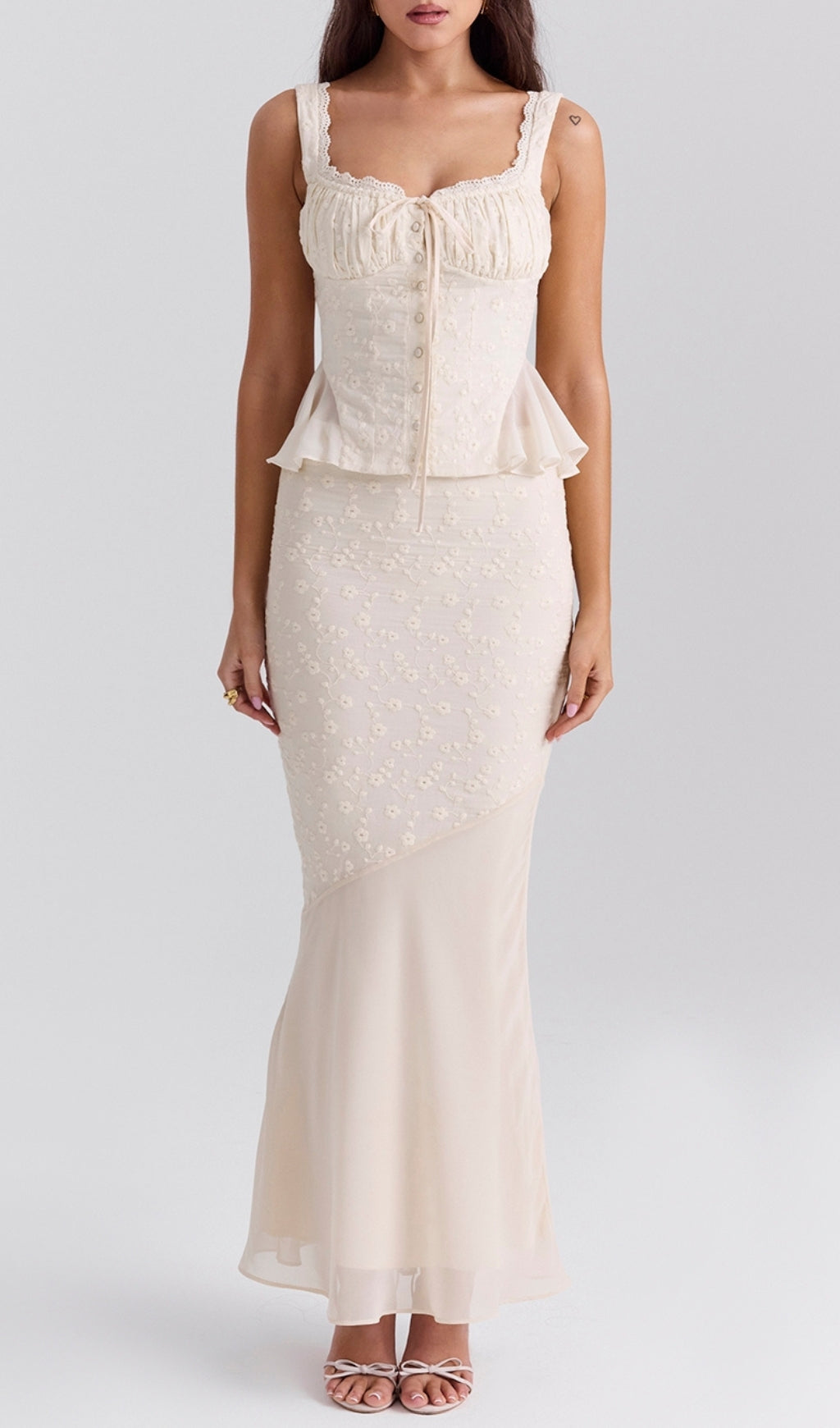 Bian Vintage Cream Cotton Broderie Anglais Maxi Skirt Set Flowering Girl