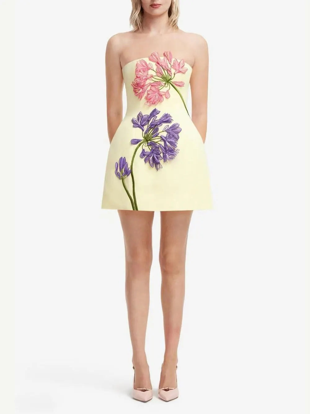 Michal Yellow Strapless Flower Mini Dress Flowering Girl
