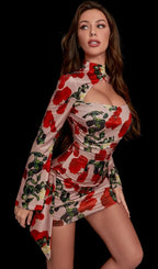 Rose Print Cut Out Draped Mini Dress Flowering Girl